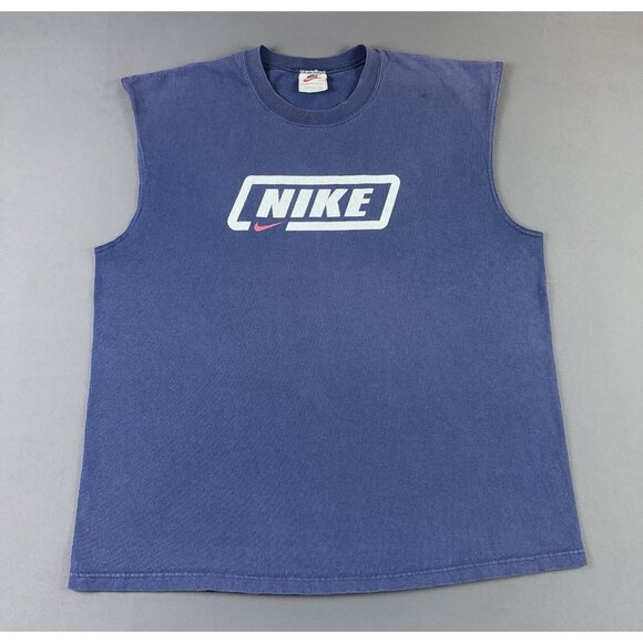 Rare Vintage 90s Nike Swoosh Navy Blue Tank Top Basketball Sports Large USA Made - Picture 1 of 8
